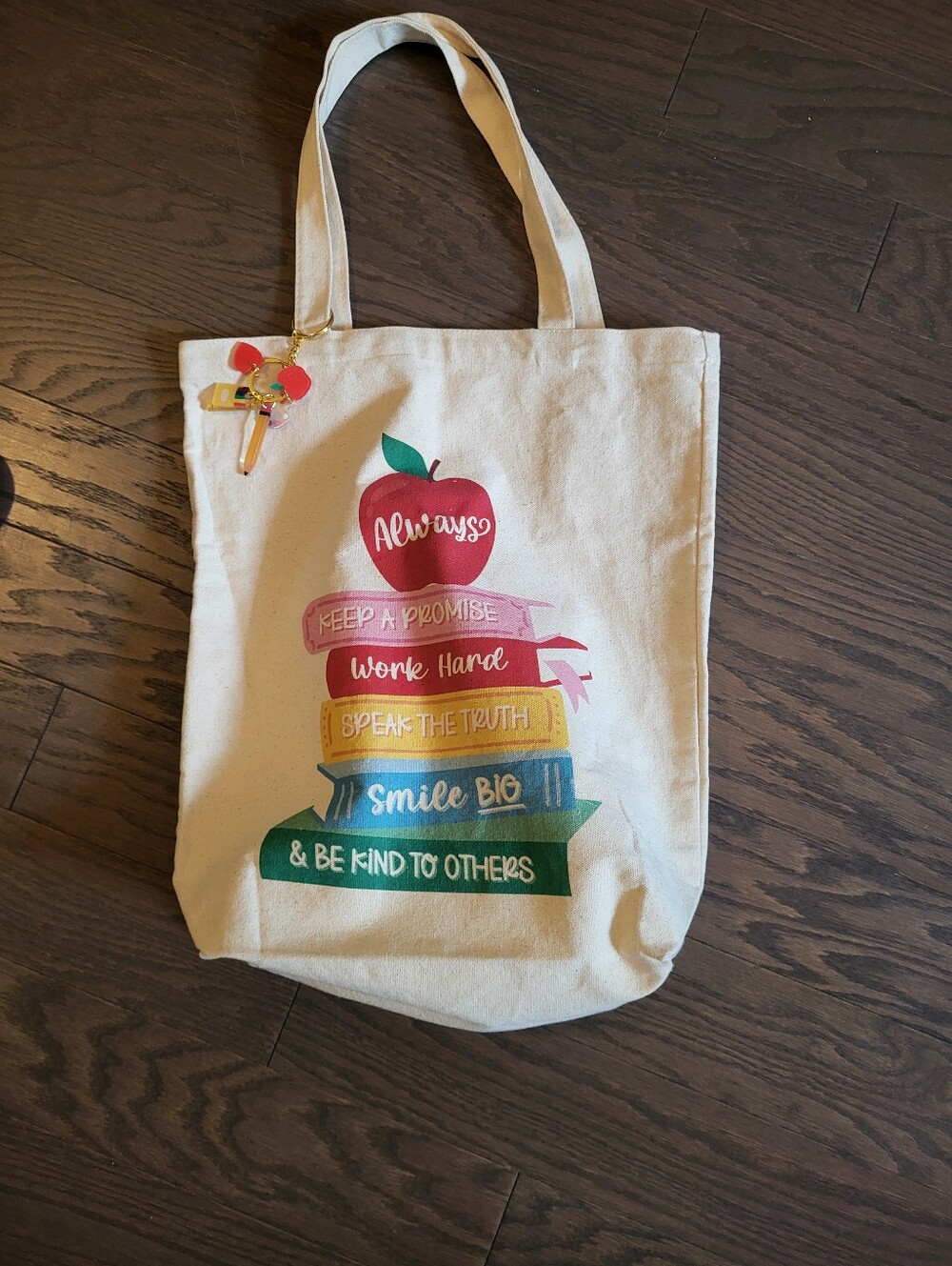 Canvas Tote with Colorful Book Stack and Apple Graphic